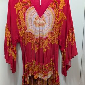 Free People Red Paisley V-Neck Boho Tunic with Gold Print